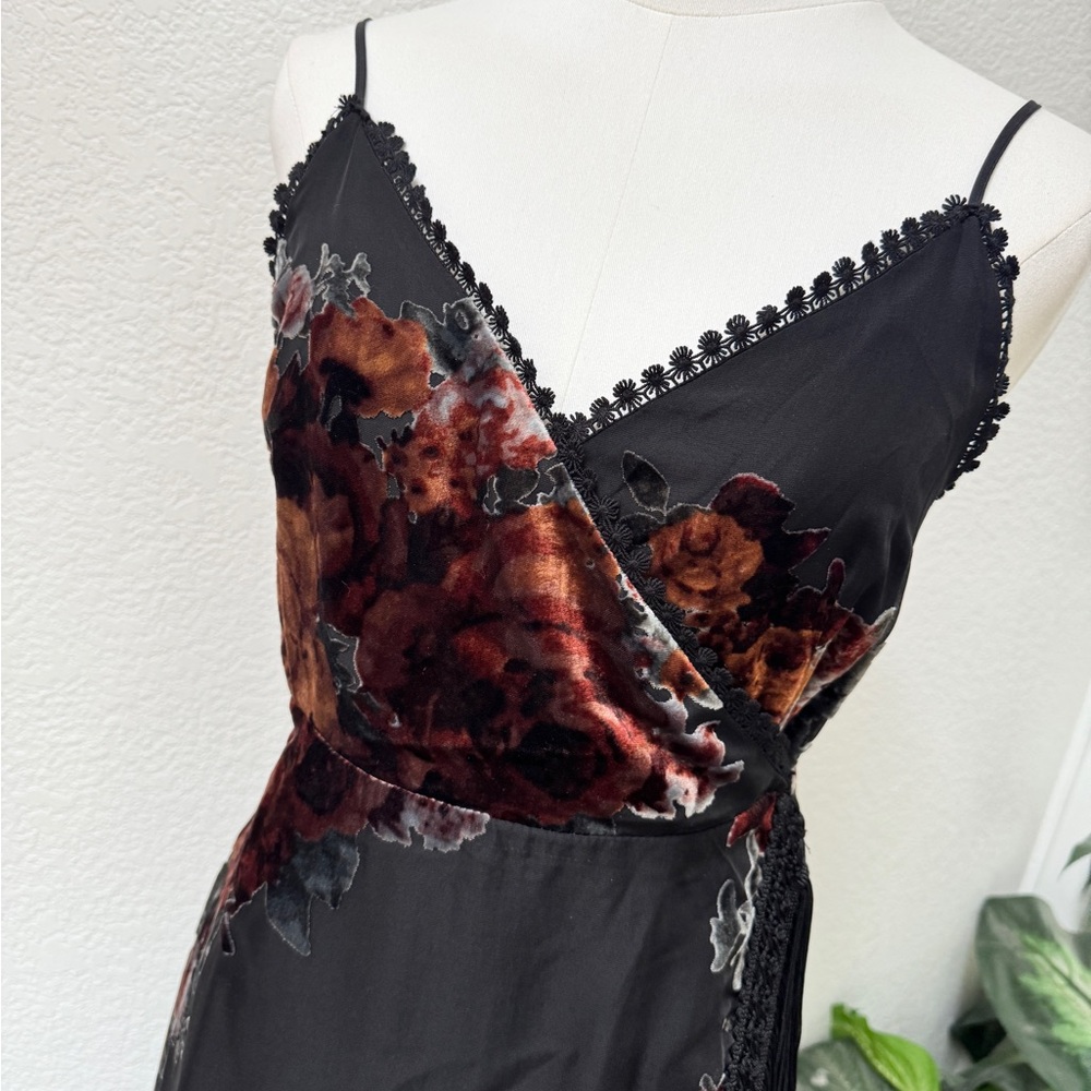 Vintage Retro Bohemian Velvet Burnout Black Floral Fringed Wrap Dress S - Picture 3 of 5
